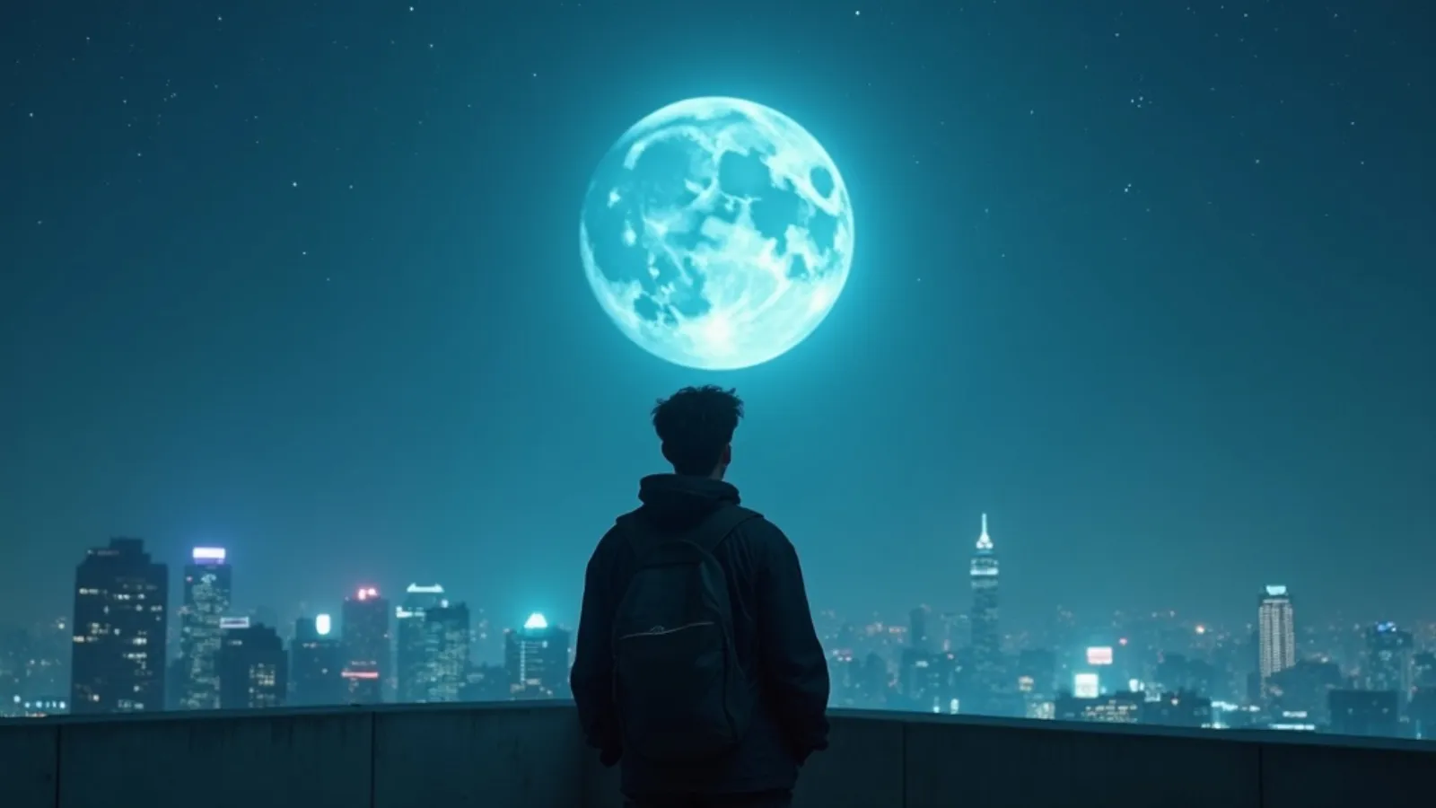 Figure gazing at a glowing moon over a night skyline
