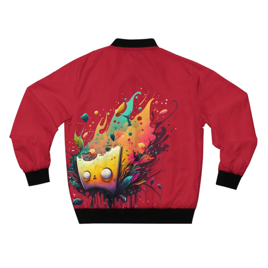 Red bomber jacket with leaf pattern and mindblown back design