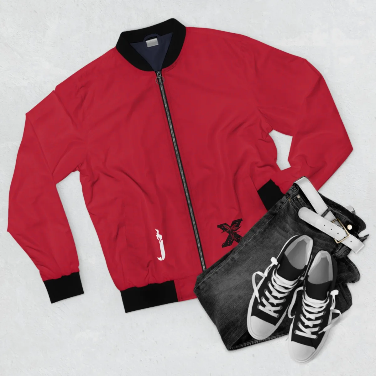 Styled flatlay with jeans and sneakers