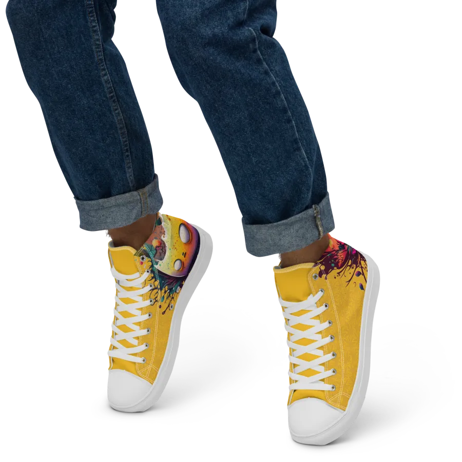 Yellow men's high top canvas shoes with mindblown design
