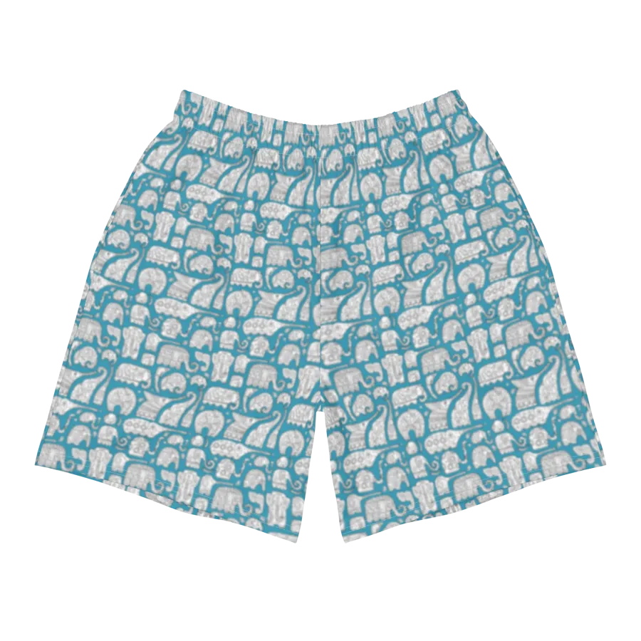 Blue unisex athletic long shorts with elephant pattern