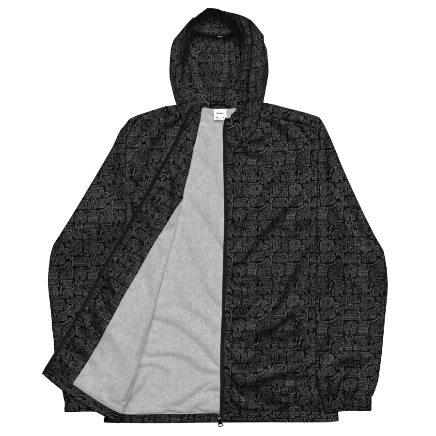 Black and white men's windbreaker with elephant pattern